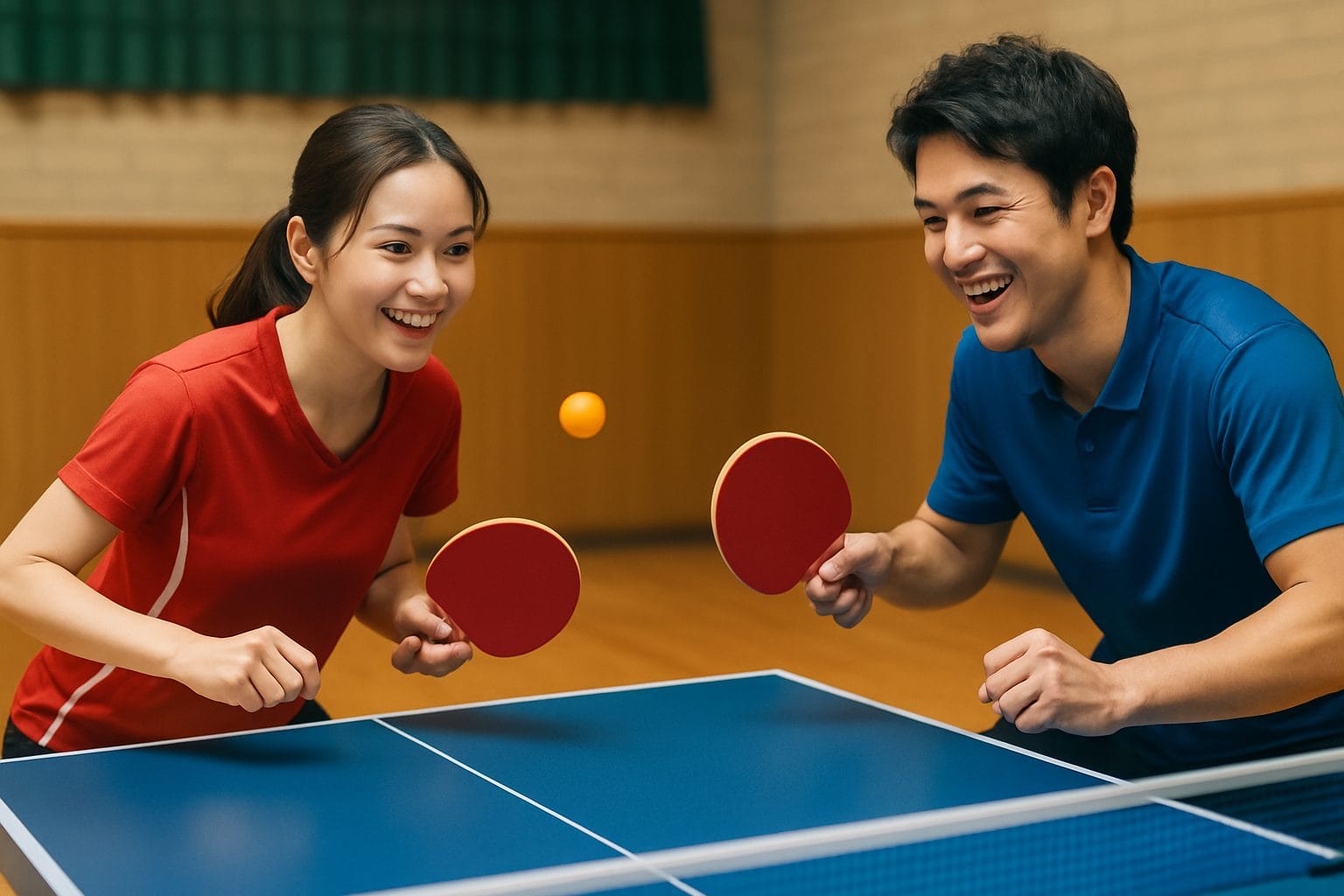 テーブルテニスの楽しげな対決