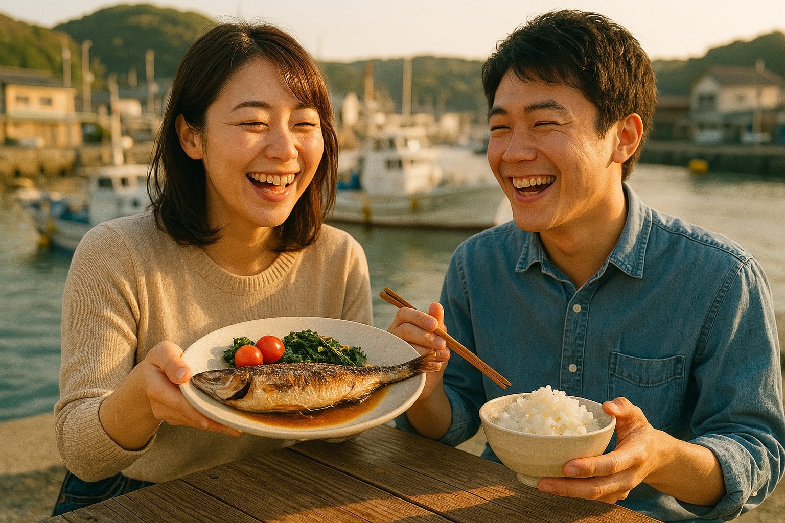 港の夕暮れ、笑顔のひととき