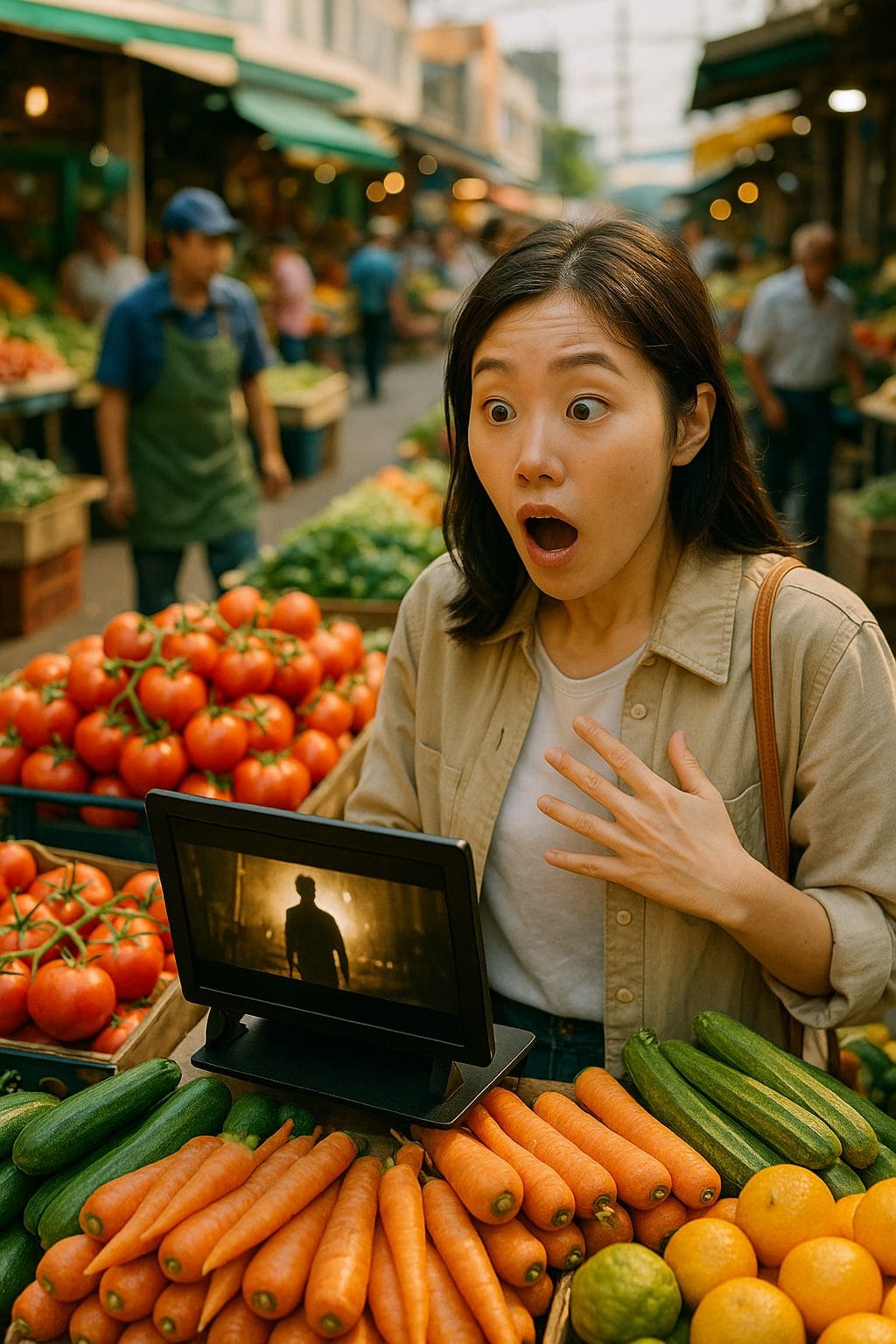 屋外市場で驚く女性