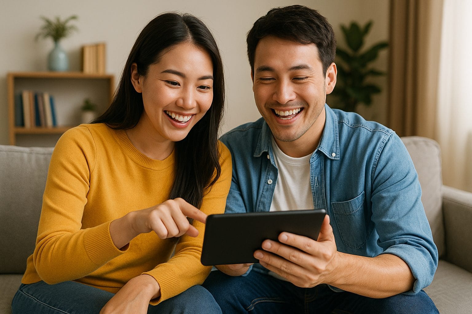 笑顔でタブレットを見つめる二人