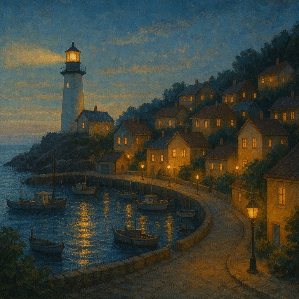 夕暮れの灯台と港