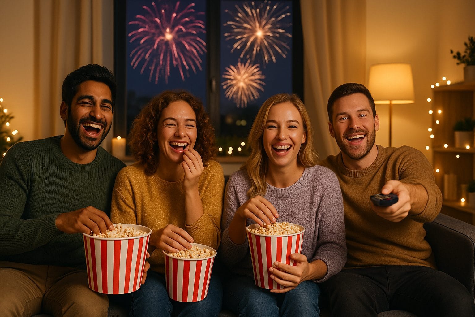 新年の夜、笑顔の友人たち