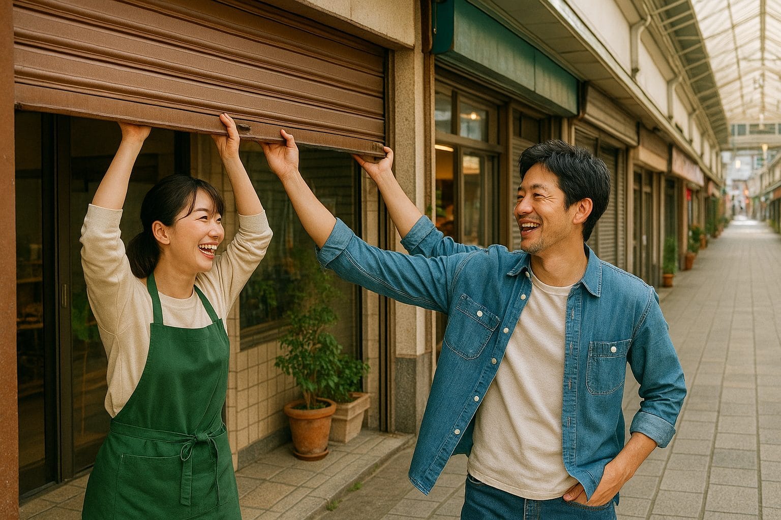 お店のシャッターを上げる二人