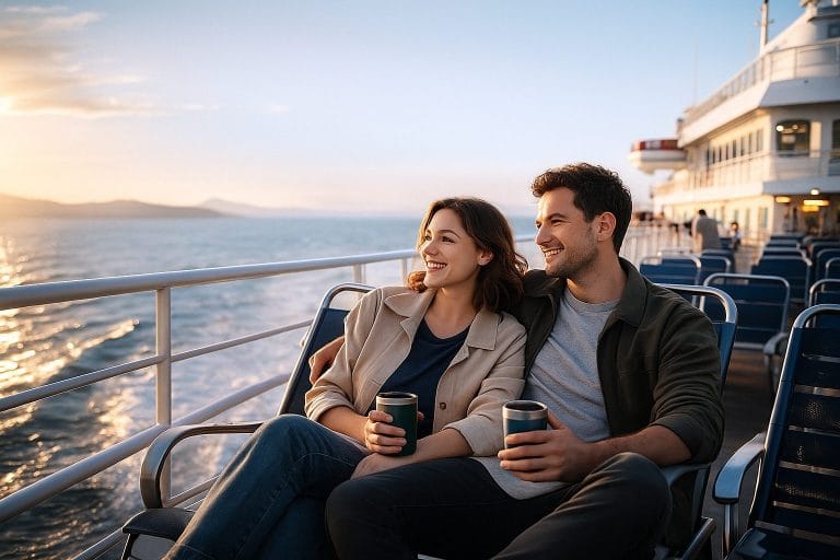 夕暮れのフェリーのデッキ