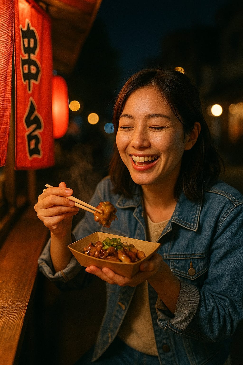 夜の屋台での笑顔