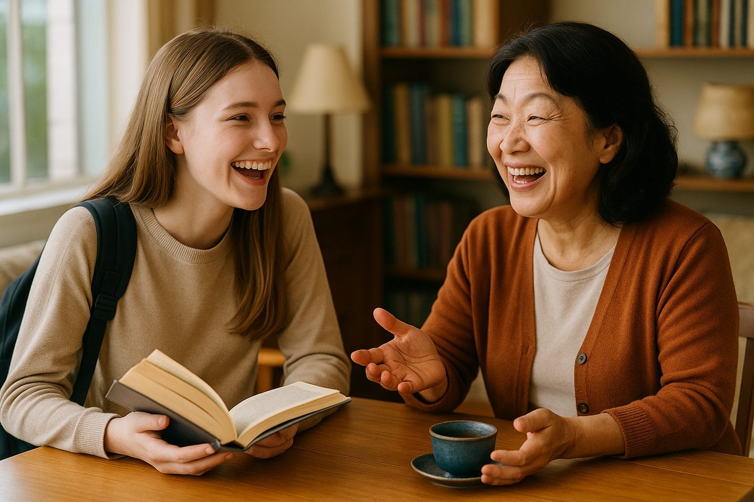 笑顔で会話する二人の女性