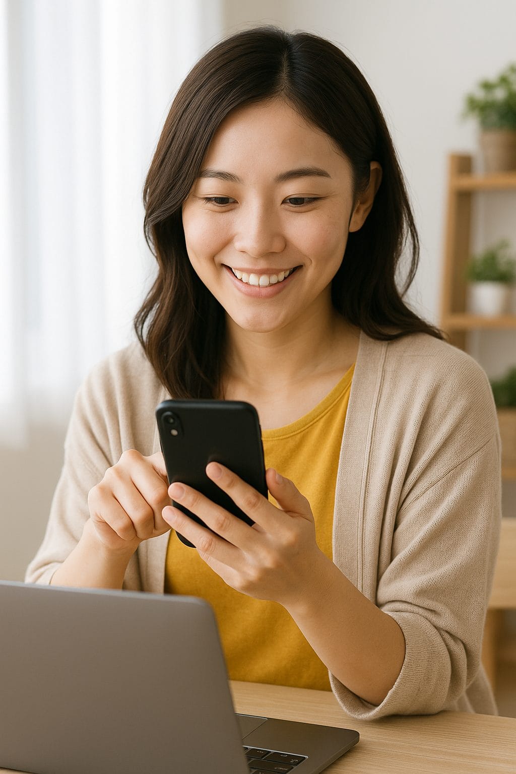 スマートフォンを操作する笑顔の女性